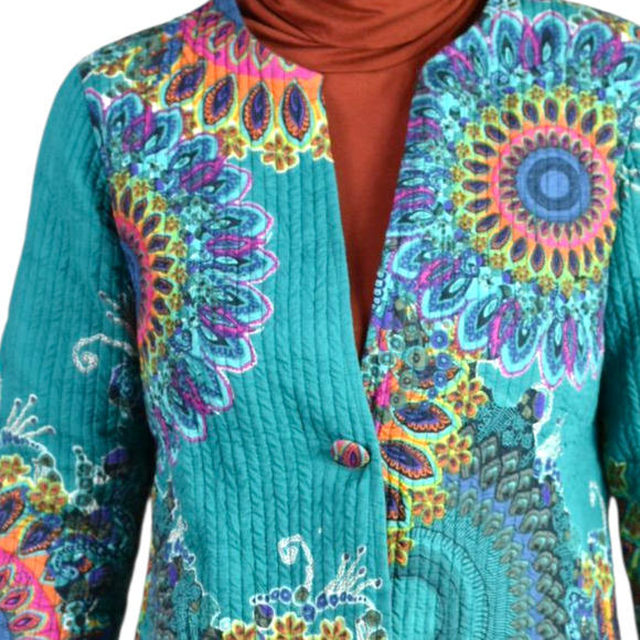 Soft Surroundings Quilted Jacket Green Paisley Cotton Mandala Print Artistic XS - Picture 4 of 16
